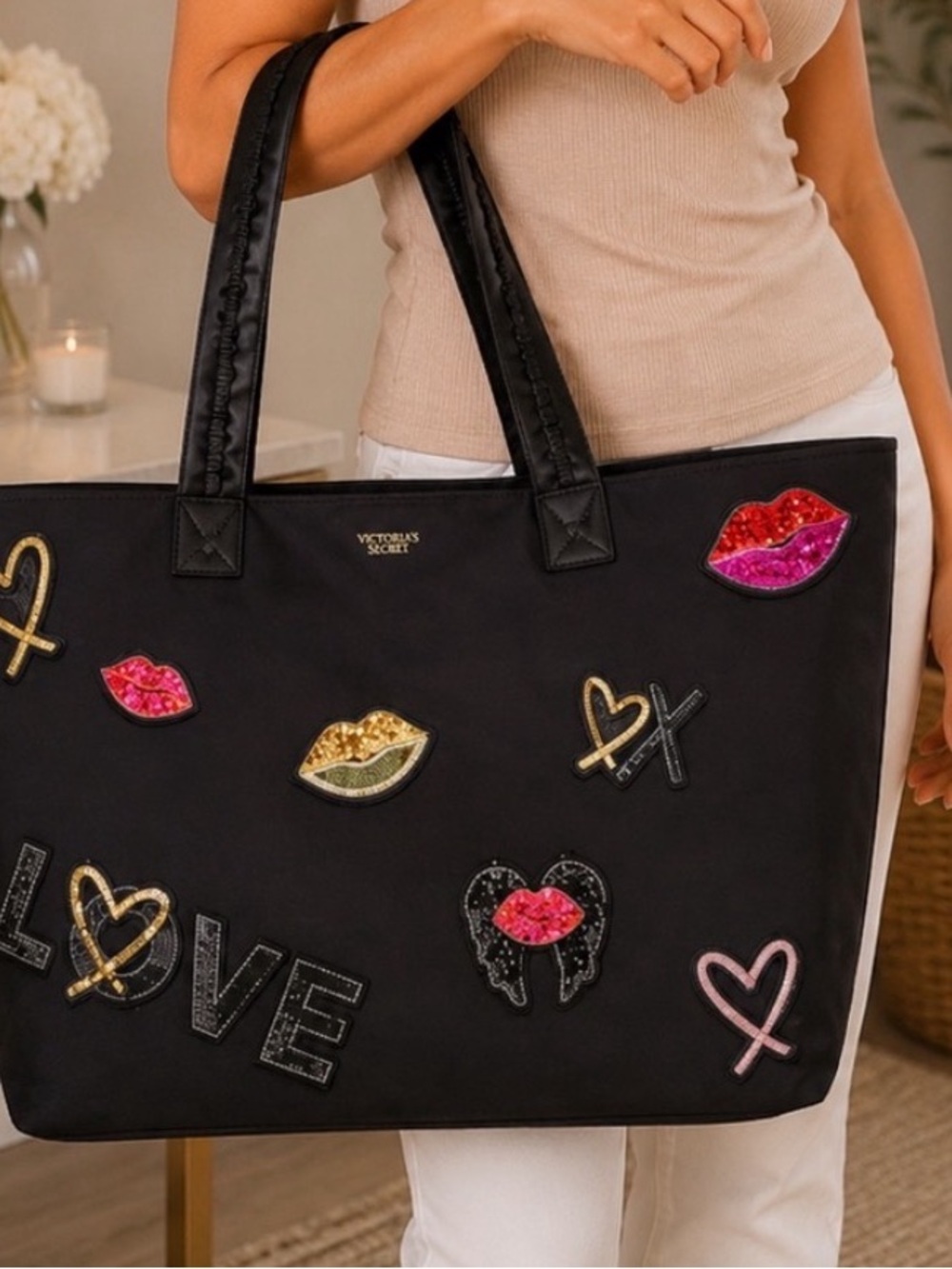 Victoria's Secret Black Tote with Sequin Lip & Heart Patches
